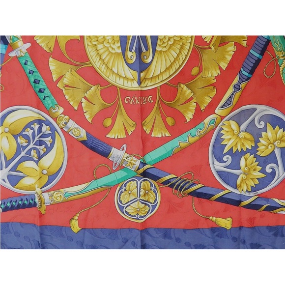 Hermes Vibrant Red and Blue Scarf with Gold Details - Picture 3 of 12